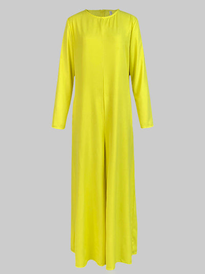 Loose Wide Leg Pockets Solid Color Round-Neck Jumpsuits