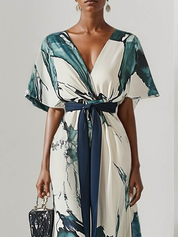 Batwing Sleeves Loose Printed Tied Waist V-Neck Evening Dresses Maxi Dresses