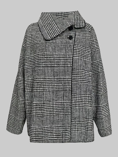 Long Sleeves Loose Asymmetric Houndstooth Plaid Stand Collar Jackets Outerwear