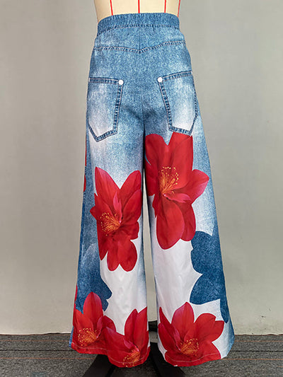 Loose Wide Leg Flower Print Jean Pants Bottoms Trousers