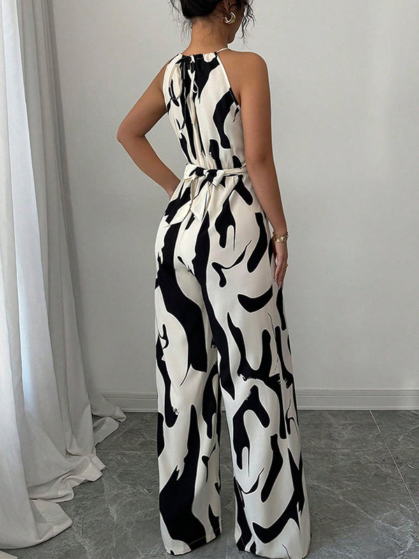 Loose Sleeveless Contrast Color Pleated Spaghetti-Neck Jumpsuits