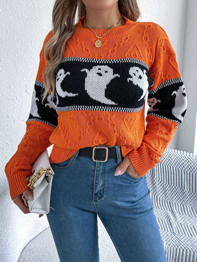 Orange 1940s Halloween Ghost Knit Sweater