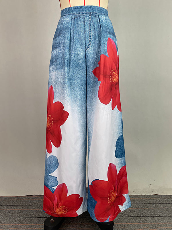 Loose Wide Leg Flower Print Jean Pants Bottoms Trousers