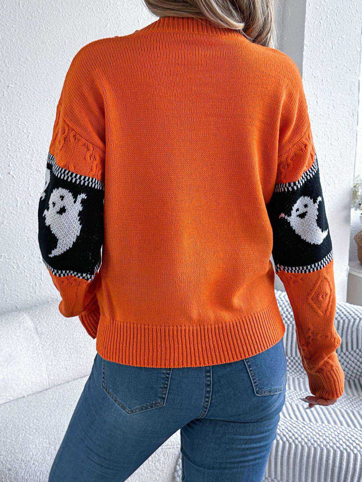 Orange 1940s Halloween Ghost Knit Sweater