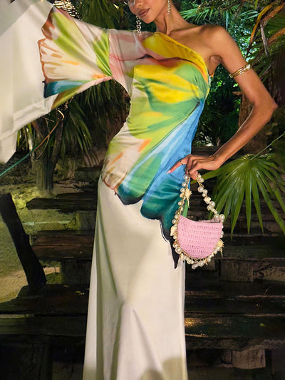 Long Sleeves Loose Asymmetric Flower Print One-Shoulder Maxi Dresses