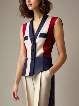 Sleeveless Buttoned Contrast Color V-Neck Vest Top