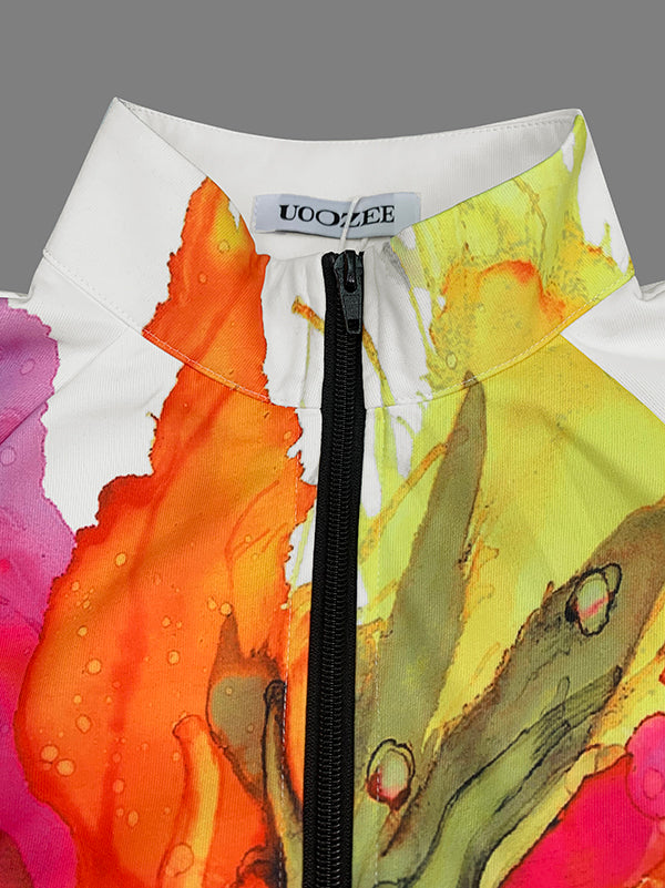 Loose Puff Sleeves Asymmetric Floral Printed Split-Joint High Neck Outerwear