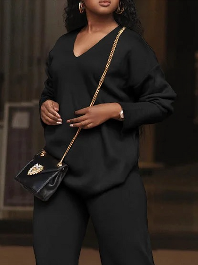 Long Sleeves Loose Solid Color V-Neck Pullovers