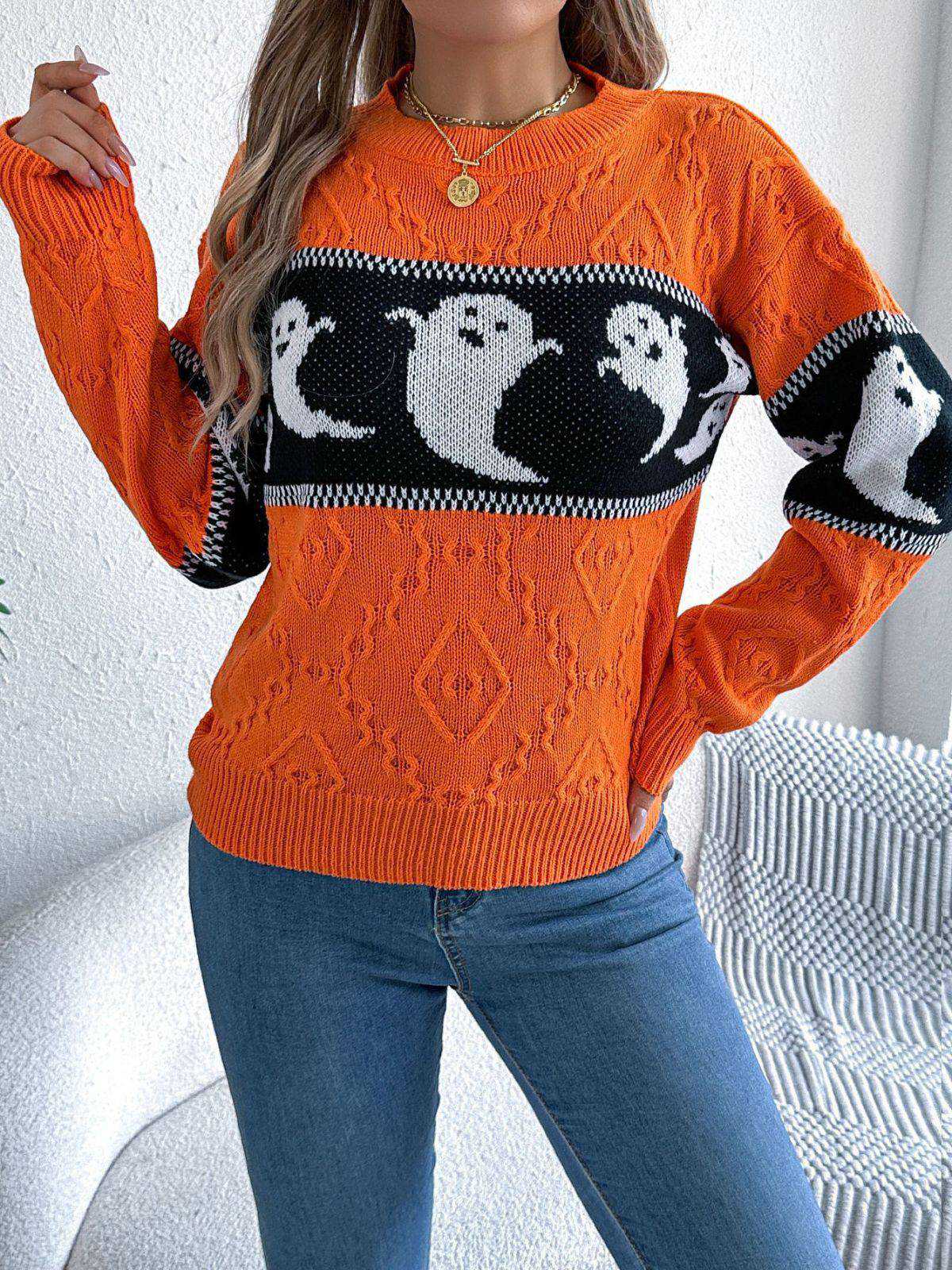 Orange 1940s Halloween Ghost Knit Sweater