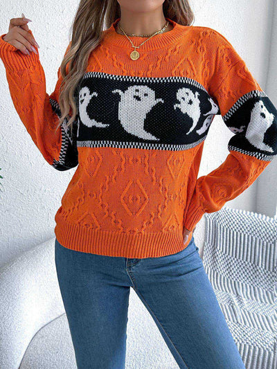Orange 1940s Halloween Ghost Knit Sweater