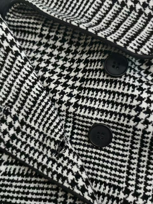 Long Sleeves Loose Asymmetric Houndstooth Plaid Stand Collar Jackets Outerwear