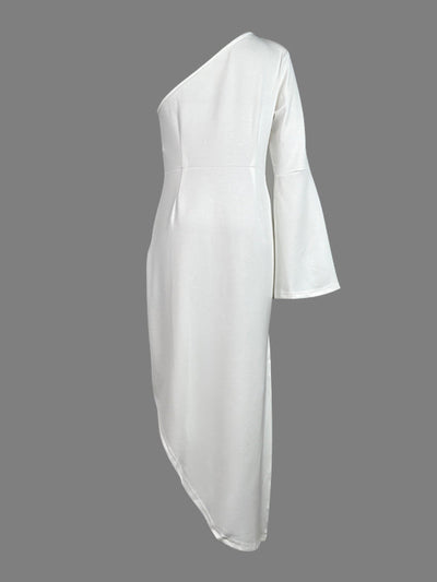 High-Low Long Sleeves Asymmetric Solid Color One-Shoulder Maxi Dresses