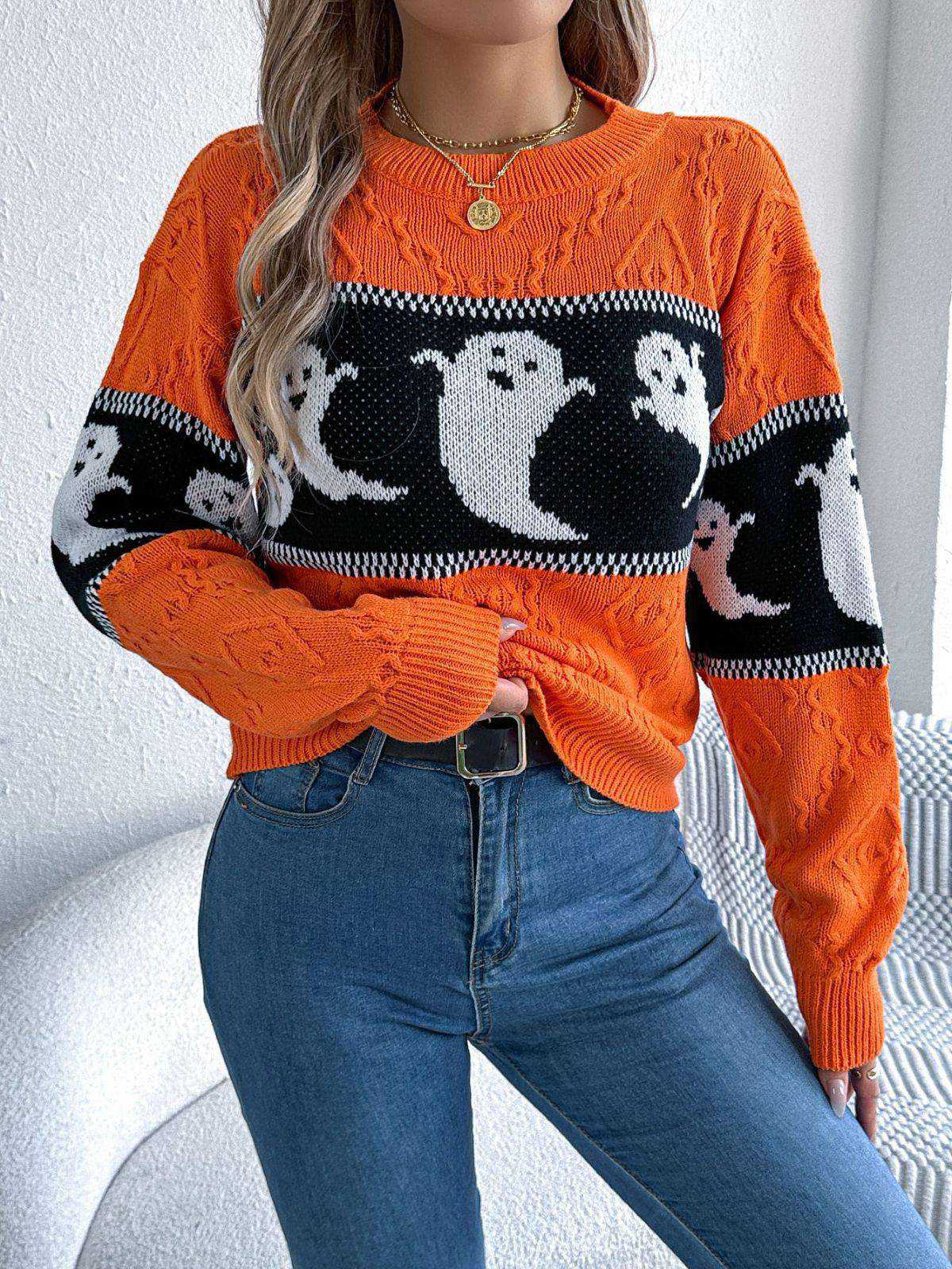 Orange 1940s Halloween Ghost Knit Sweater