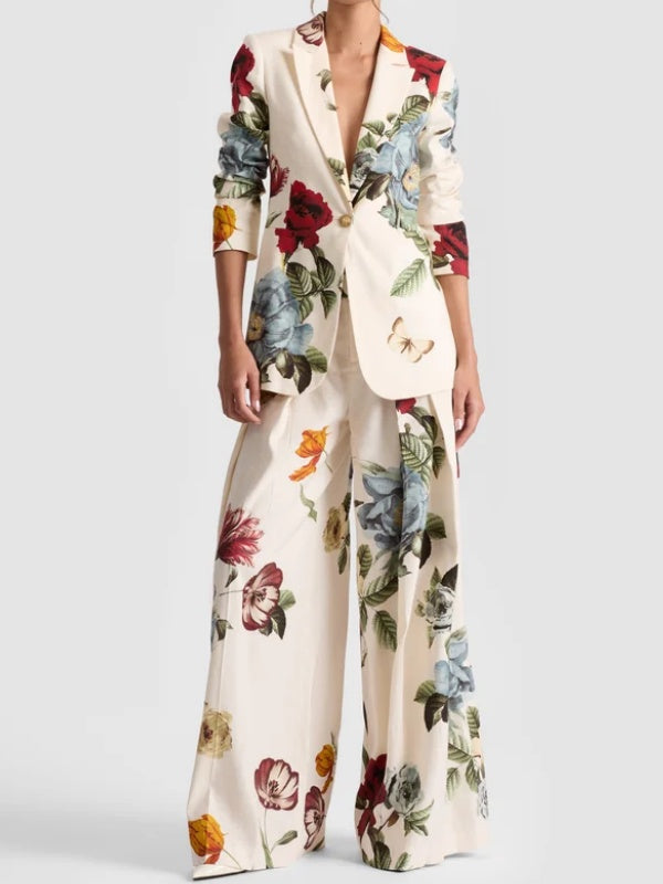 Long Sleeves Loose Buttoned Flower Print Pockets Notched Collar Blazer Outerwear