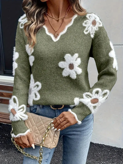 Melanira - Stylish V-Neck Floral Sweater