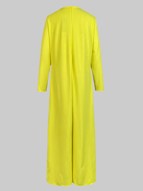 Loose Wide Leg Pockets Solid Color Round-Neck Jumpsuits