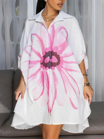 Half Sleeves Loose Buttoned Flower Print Lapel Mini Dresses Shirt Dress