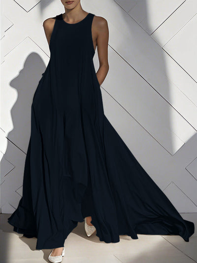 Loose Sleeveless Pockets Solid Color Split-Joint Round-Neck Maxi Dresses