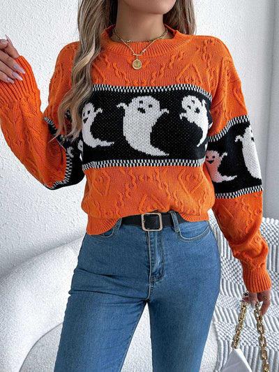 Orange 1940s Halloween Ghost Knit Sweater