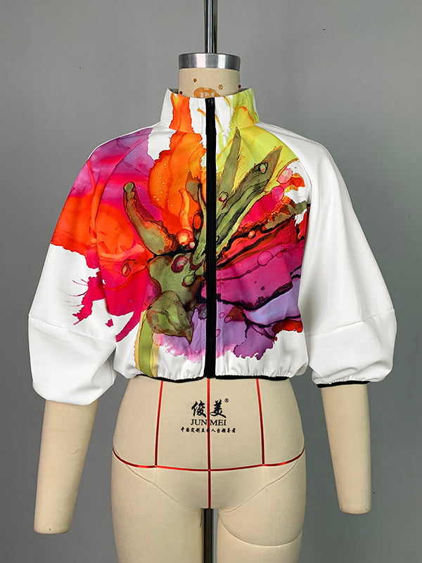 Loose Puff Sleeves Asymmetric Floral Printed Split-Joint High Neck Outerwear