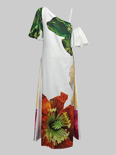 A-Line Loose Elasticity Flower Print One-Shoulder Maxi Dresses