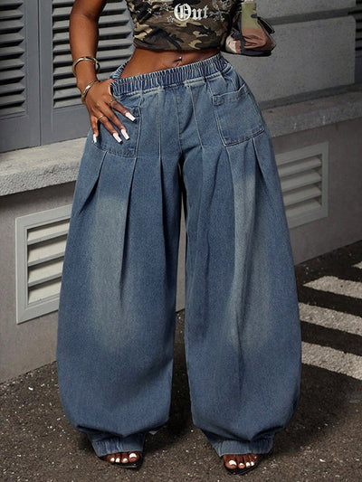 Loose Elasticity Pockets Solid Color Jean Pants Bottoms Trousers