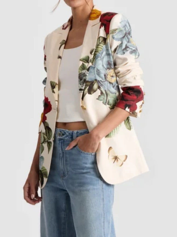 Long Sleeves Loose Buttoned Flower Print Pockets Notched Collar Blazer Outerwear