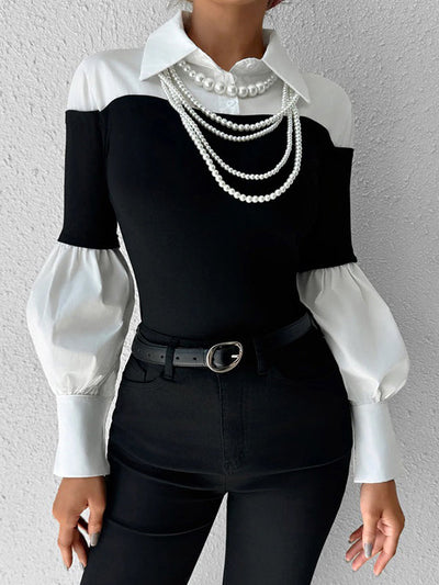 Long Sleeves Loose Buttoned Contrast Color Pleated Split-Joint Lapel Blouses&Shirts Tops
