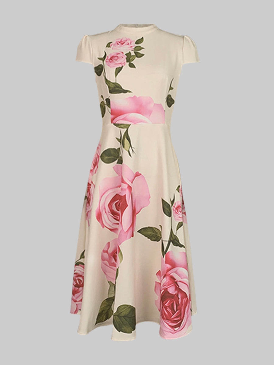 Short Sleeves Skinny Flower Print Stand Collar Midi Dresses