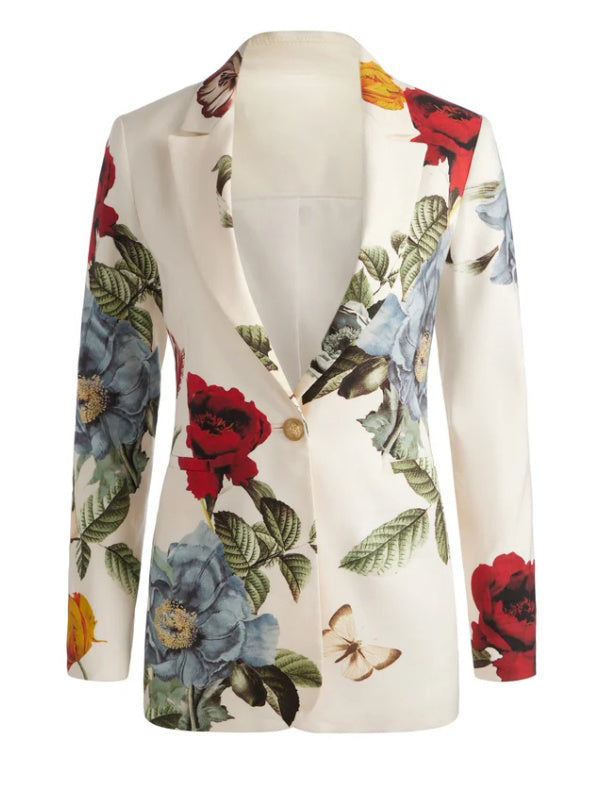 Long Sleeves Loose Buttoned Flower Print Pockets Notched Collar Blazer Outerwear
