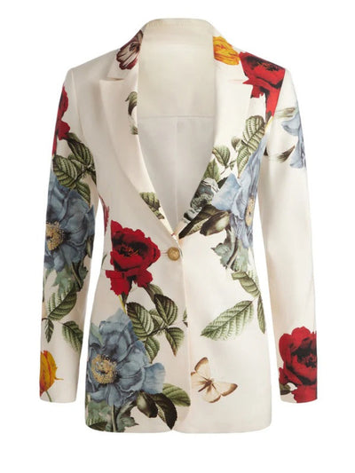 Long Sleeves Loose Buttoned Flower Print Pockets Notched Collar Blazer Outerwear