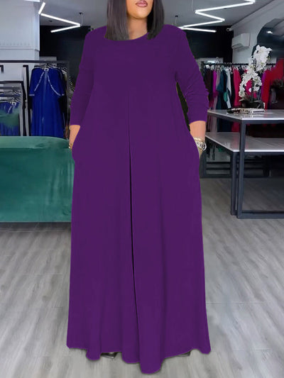 Loose Wide Leg Pockets Solid Color Round-Neck Jumpsuits