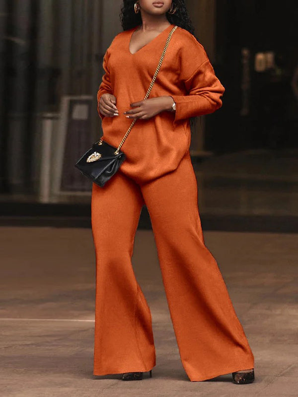 Long Sleeves Loose Solid Color V-Neck Pullovers