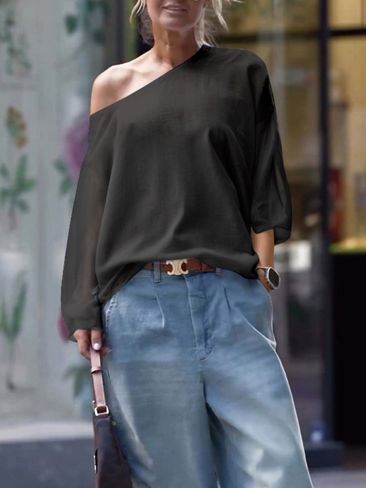 Long Sleeves Loose Solid Color One-Shoulder T-Shirts Tops