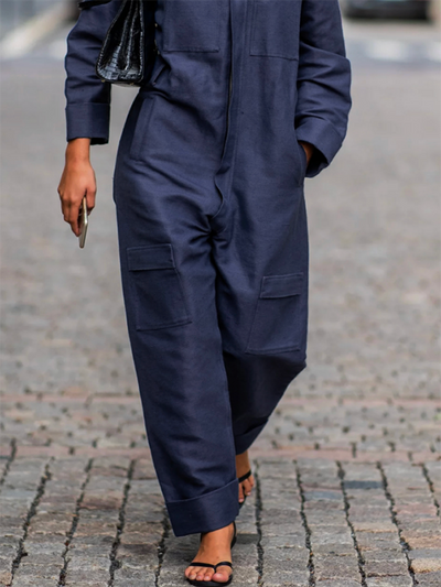 Long Sleeves Loose Solid Color Zipper Lapel Jumpsuits