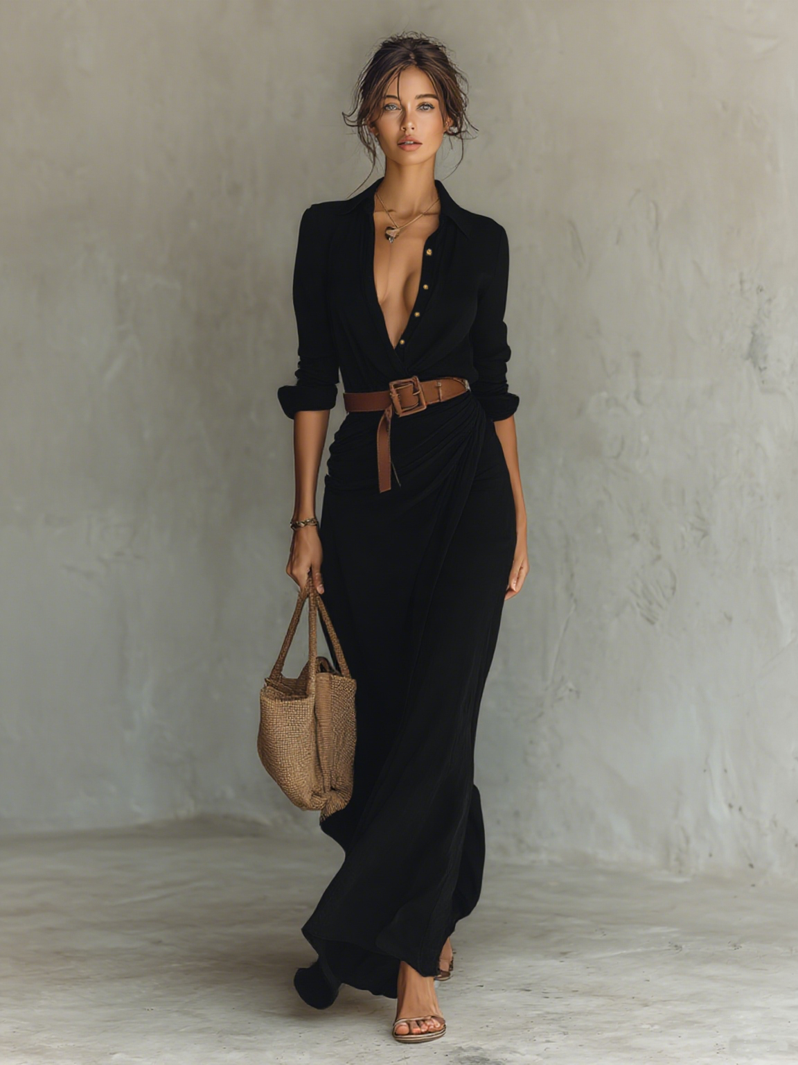 Isabella™ | Long dress with plunging neckline and waist belt
