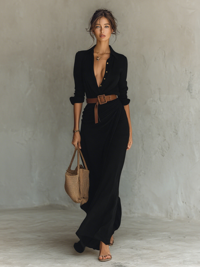 Isabella™ | Long dress with plunging neckline and waist belt
