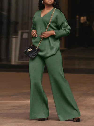 Long Sleeves Loose Solid Color V-Neck Pullovers