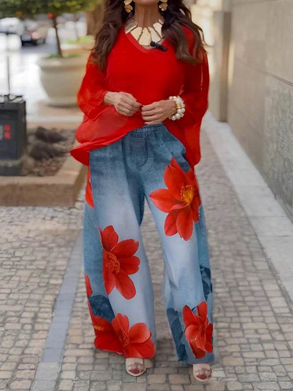 Loose Wide Leg Flower Print Jean Pants Bottoms Trousers