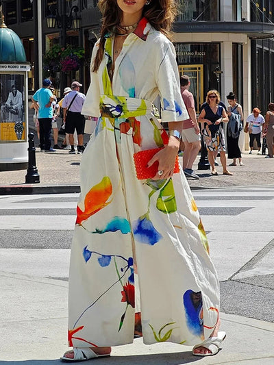 Half Sleeves Loose Asymmetric Printed Split-Joint Tied Waist Lapel Maxi Dresses Shirt Dress