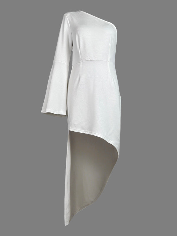 High-Low Long Sleeves Asymmetric Solid Color One-Shoulder Maxi Dresses