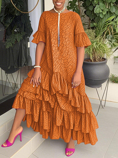Flared Sleeves Half Sleeves Asymmetric Layered Pleated Printed Ruffle Trim Round-Neck Maxi Dresses