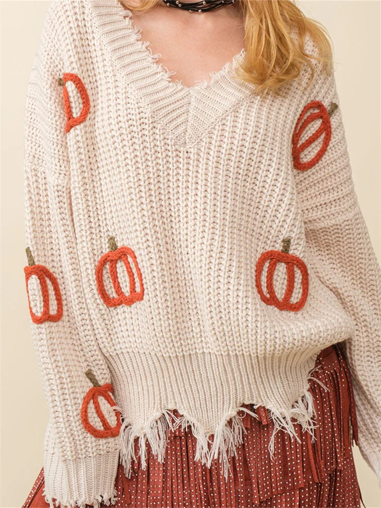 V-Neck Pumpkin Knit Sweater