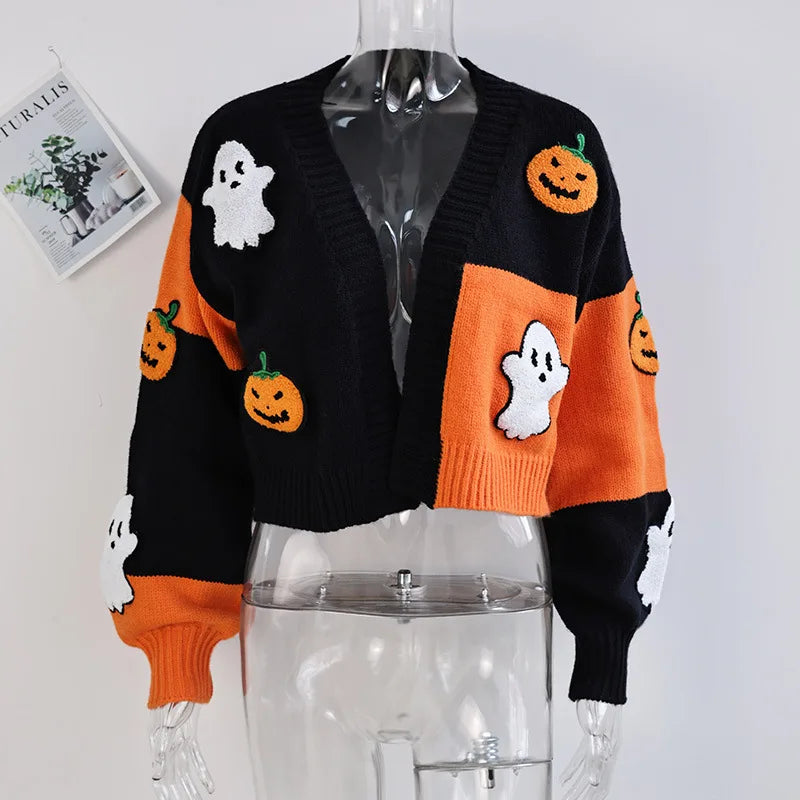 Ghost & Pumpkin Pattern Halloween Cardigan