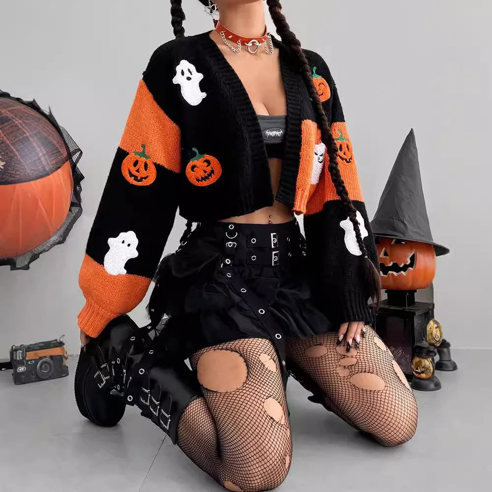Ghost & Pumpkin Pattern Halloween Cardigan