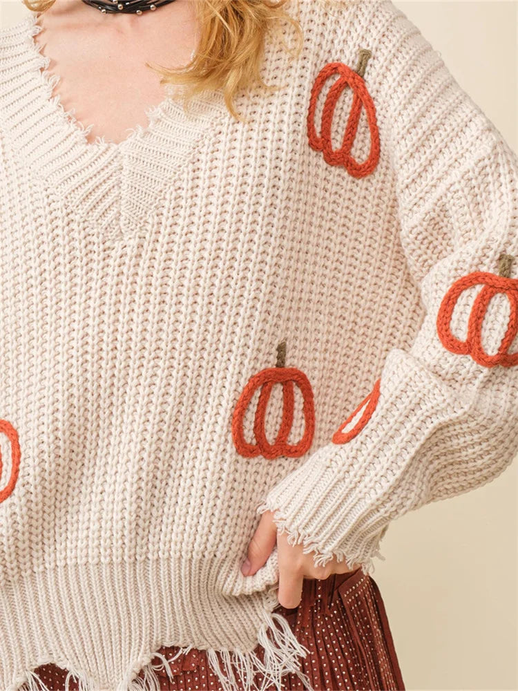 V-Neck Pumpkin Knit Sweater