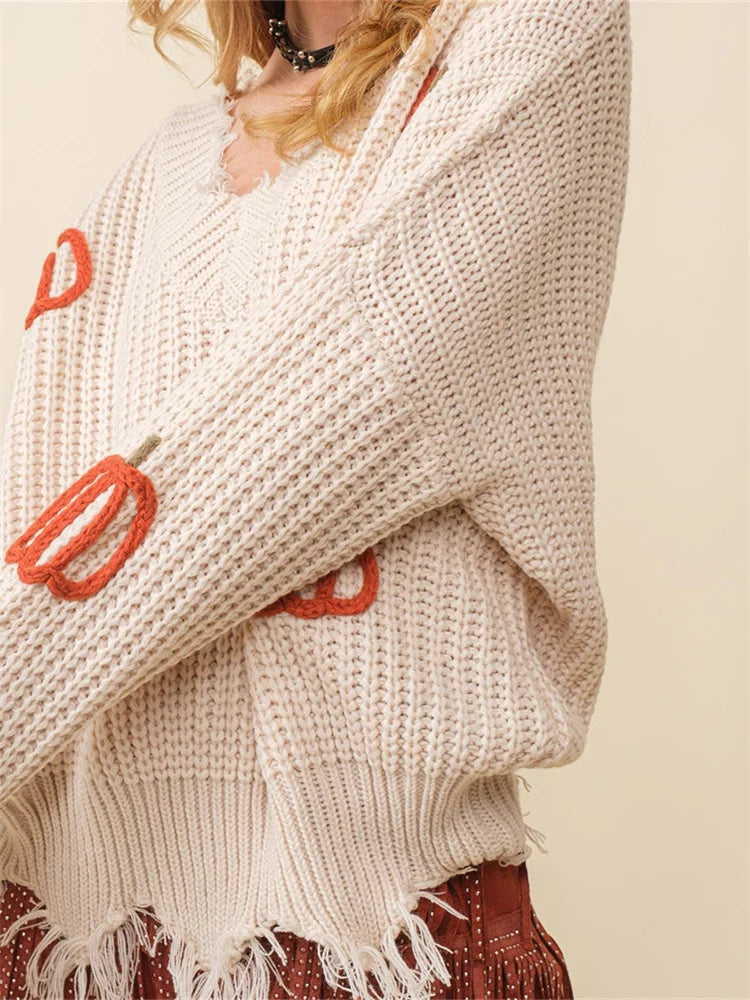 V-Neck Pumpkin Knit Sweater
