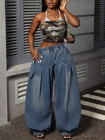 Loose Elasticity Pockets Solid Color Jean Pants Bottoms Trousers