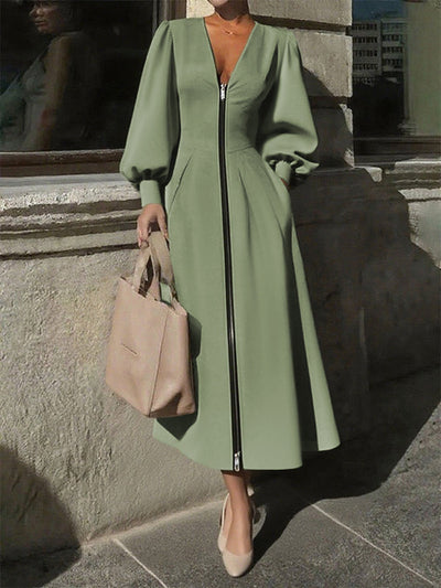 A-Line Long Sleeves Pleated Pockets Solid Color Zipper V-Neck Midi Dresses