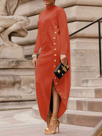 Long Sleeves Loose Asymmetric Buttoned Split-Joint Split-Side Mock Neck Maxi Dresses